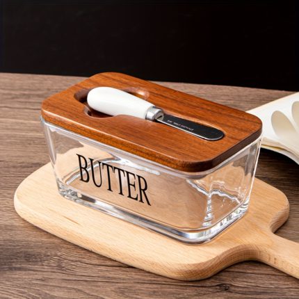 Elegant Acacia Wood Lid Glass Butter Keeper
