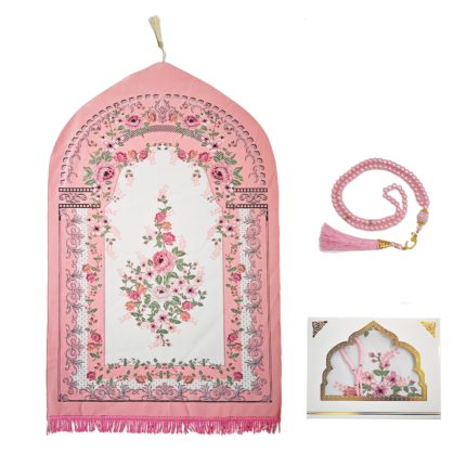 Elegant Pink Floral Prayer Mat with 99 Beads, Portable