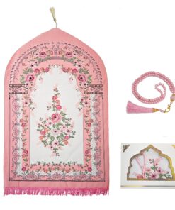 Elegant Pink Floral Prayer Mat with 99 Beads, Portable