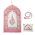 Elegant Pink Floral Prayer Mat with 99 Beads, Portable