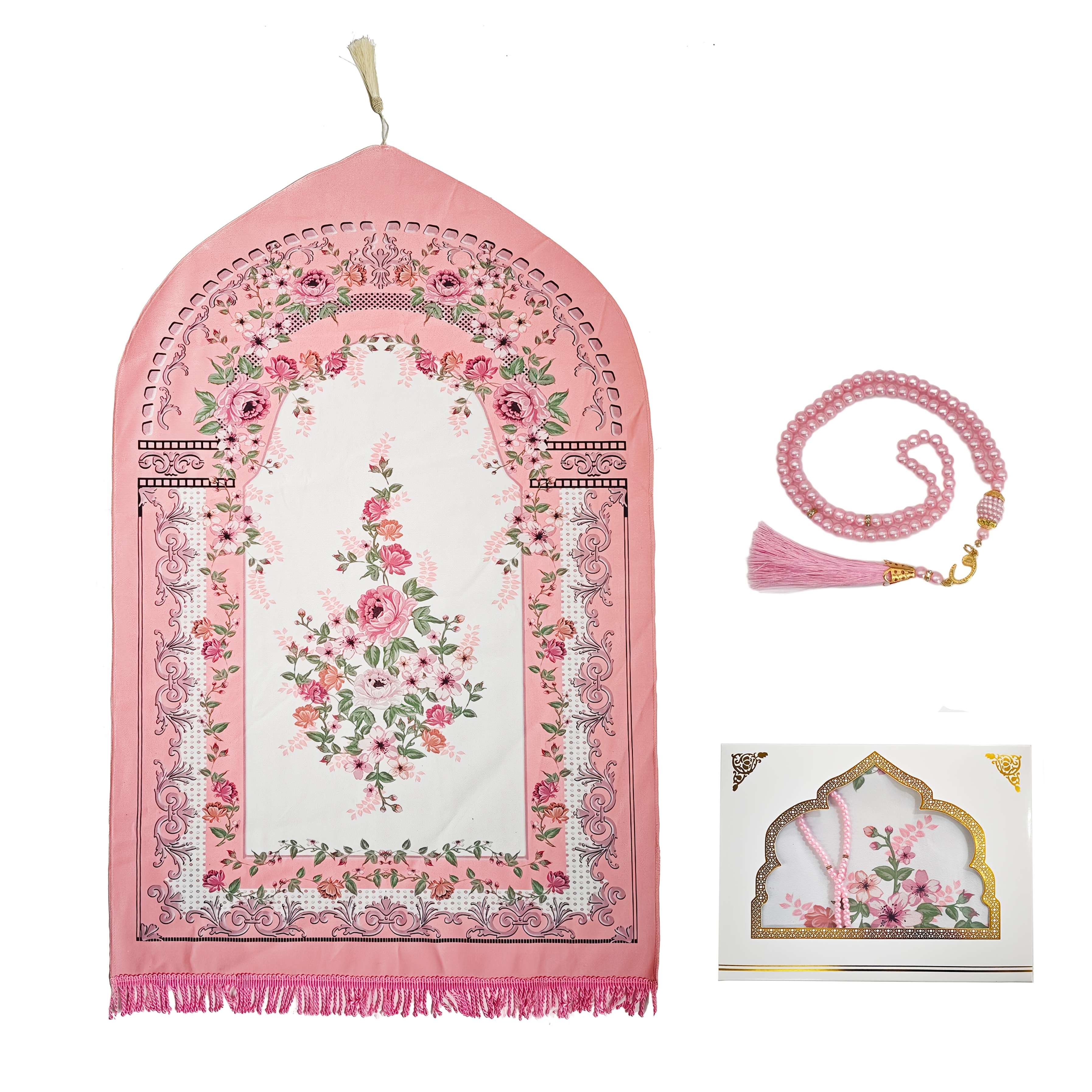 product-fancy-9c08447b-1ab1-4eb4-84e0-43bd3ebc9c94 Elegant Pink Floral Prayer Mat with 99 Beads, Portable - Image 1